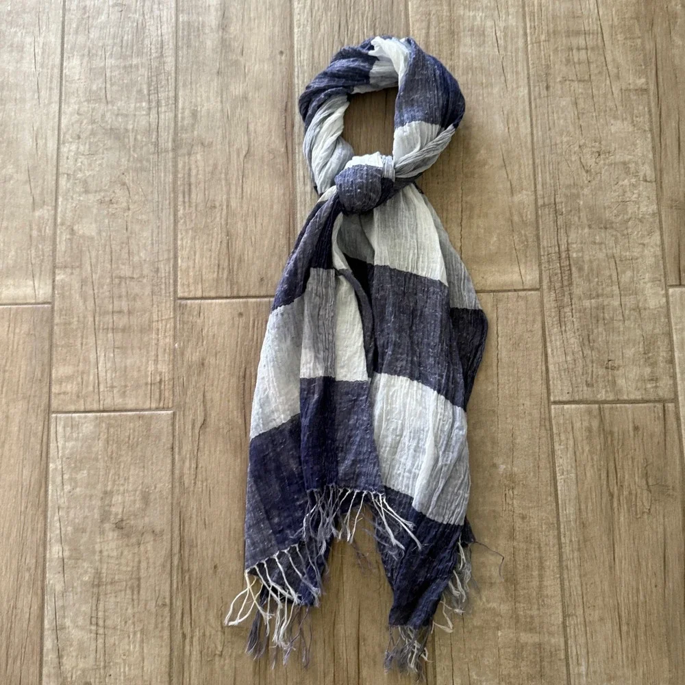 Eileen Fisher Linen Organic Cotton Striped Scarf Navy Blue White Fringed Gauze
